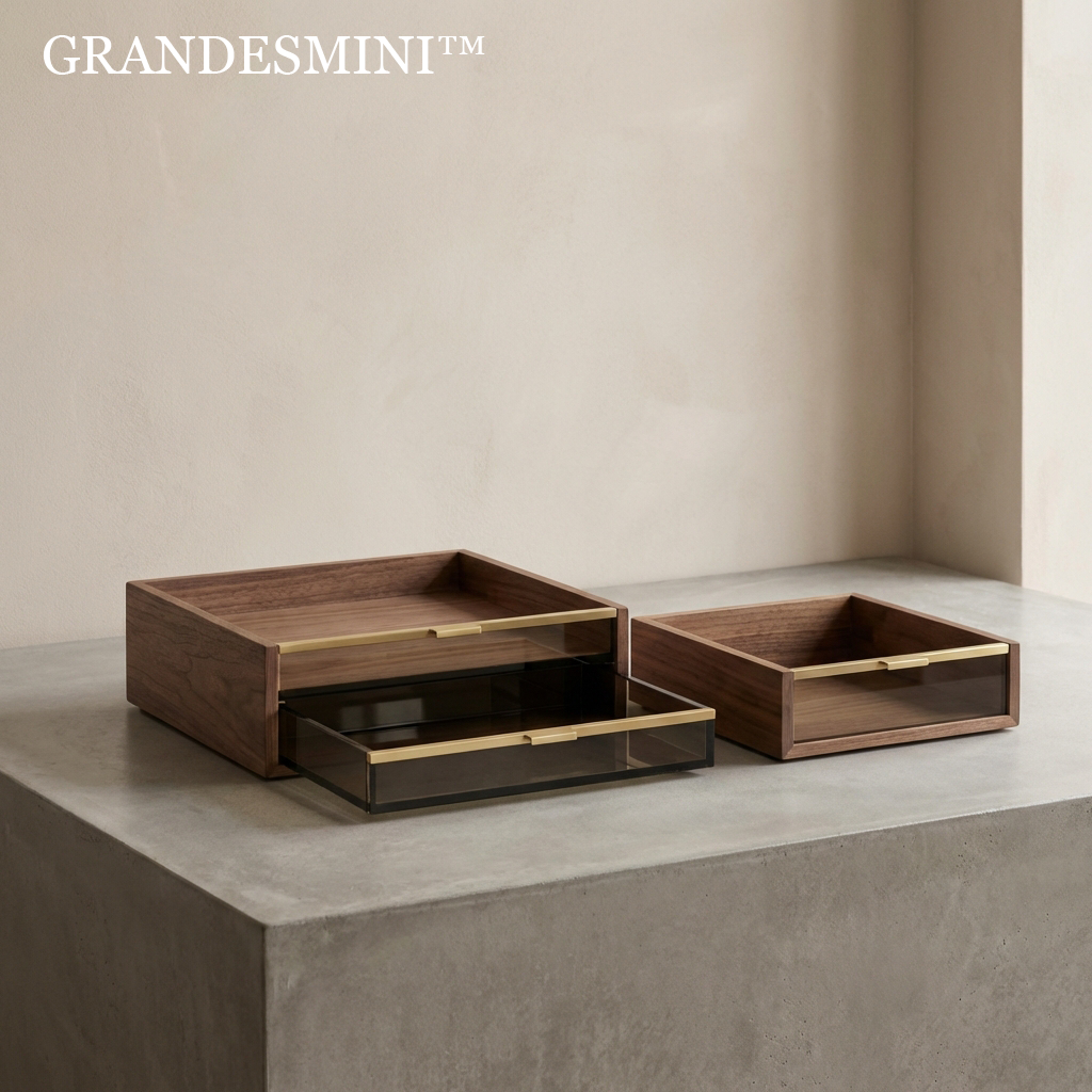 📂Grandesmini THE HERITAGE WALNUT ARCHIVE SYSTEM "Order is the first step toward creative clarity. A tray system designed to frame your essential objects in a landscape of dark timber and amber light."