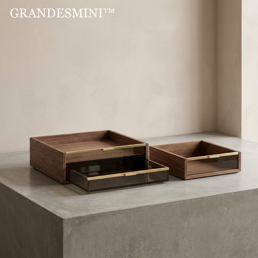 📂Grandesmini™ THE HERITAGE WALNUT ARCHIVE SYSTEM "Order is the first step toward creative clarity. A tray system designed to frame your essential objects in a landscape of dark timber and amber light."