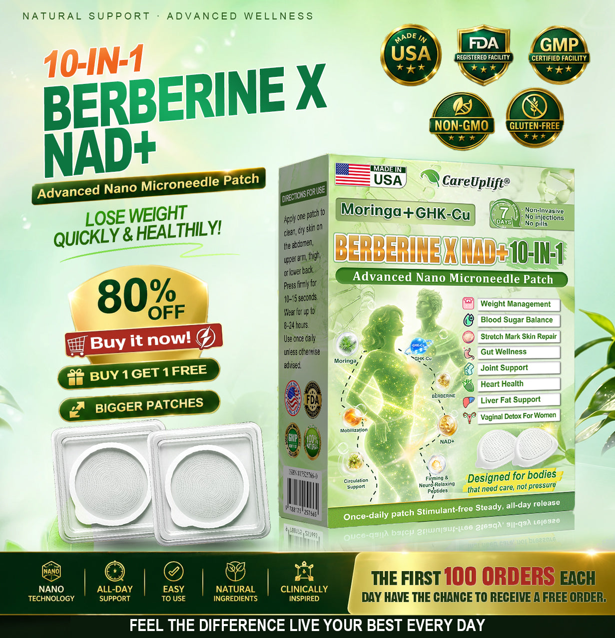 Berberine X NAD+ supplement packaging with promotional text on a green background